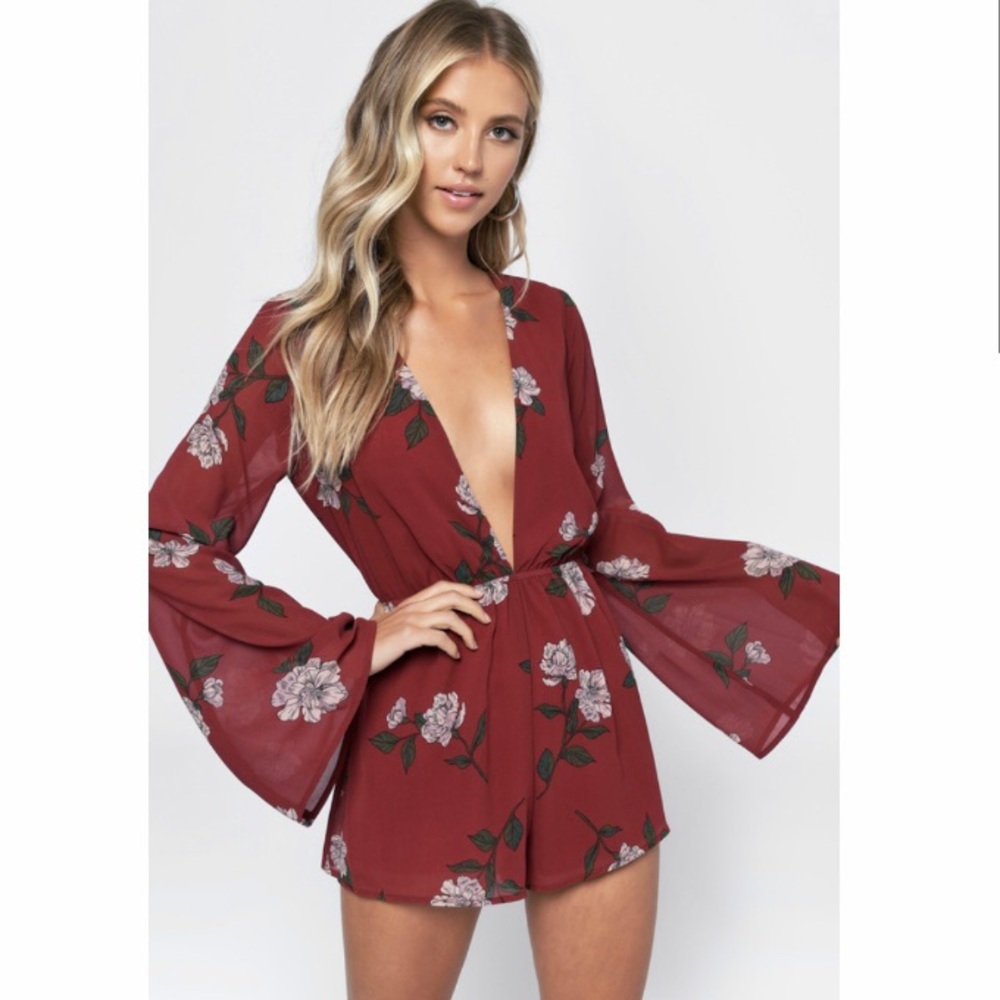 Plunge Neck Bell Sleeve Floral Romper